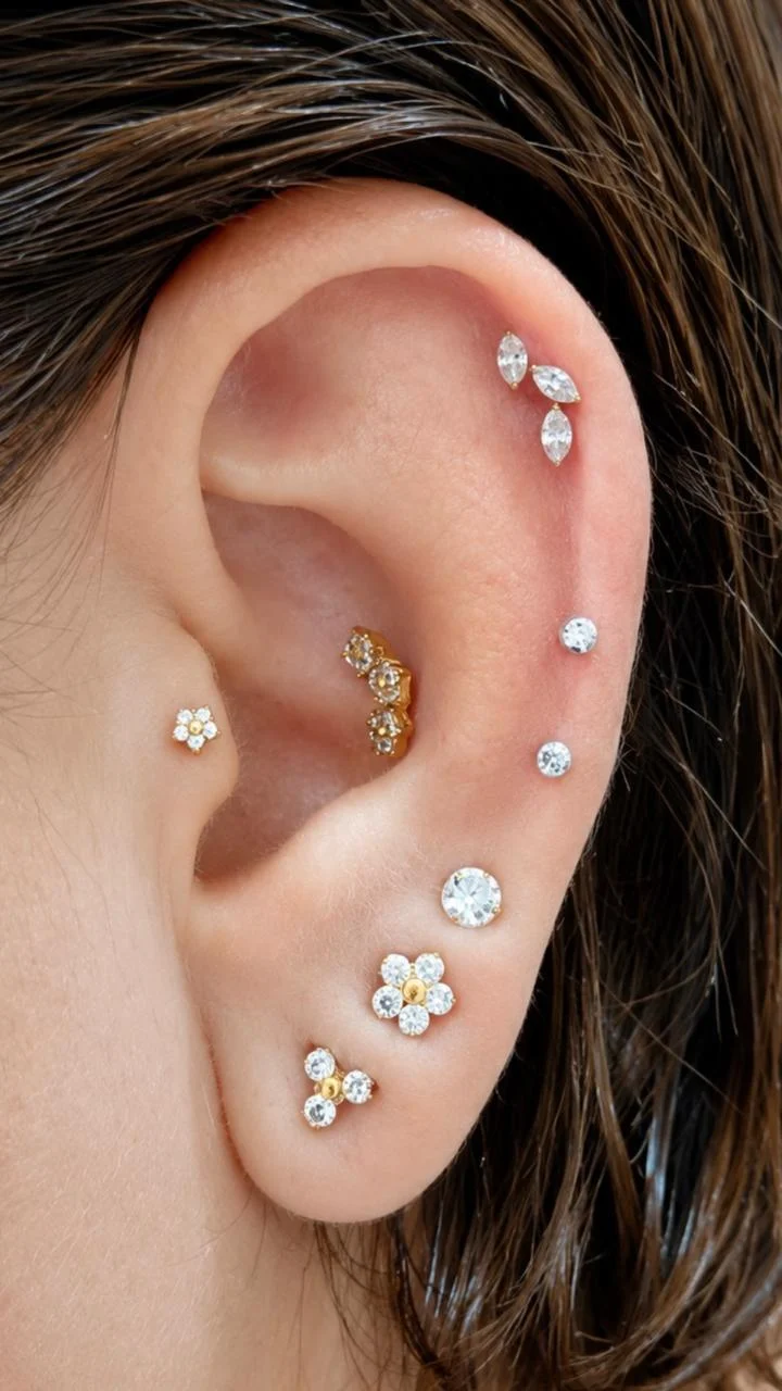 Composição de piercings dourados com flores e pontos de luz