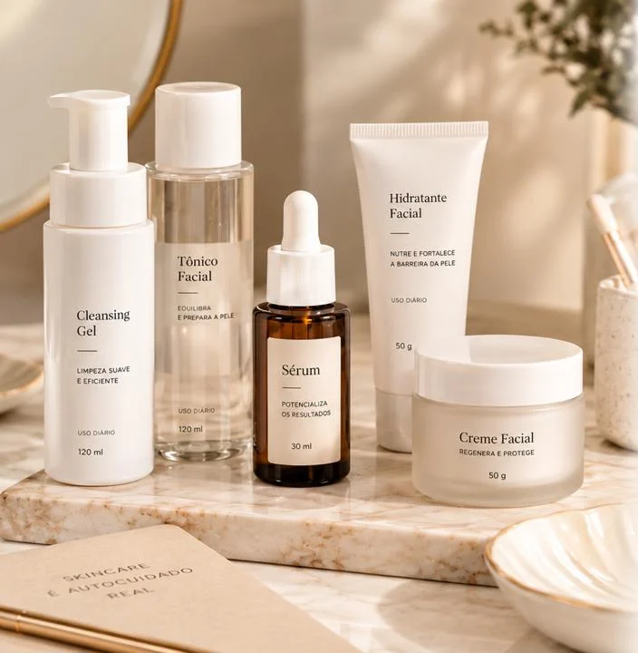 Produtos de skincare sobre mármore